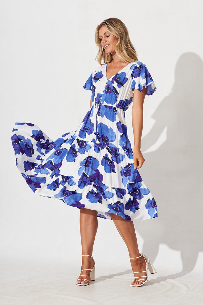 Fonda Midi Dress In White With Blue Floral - full length