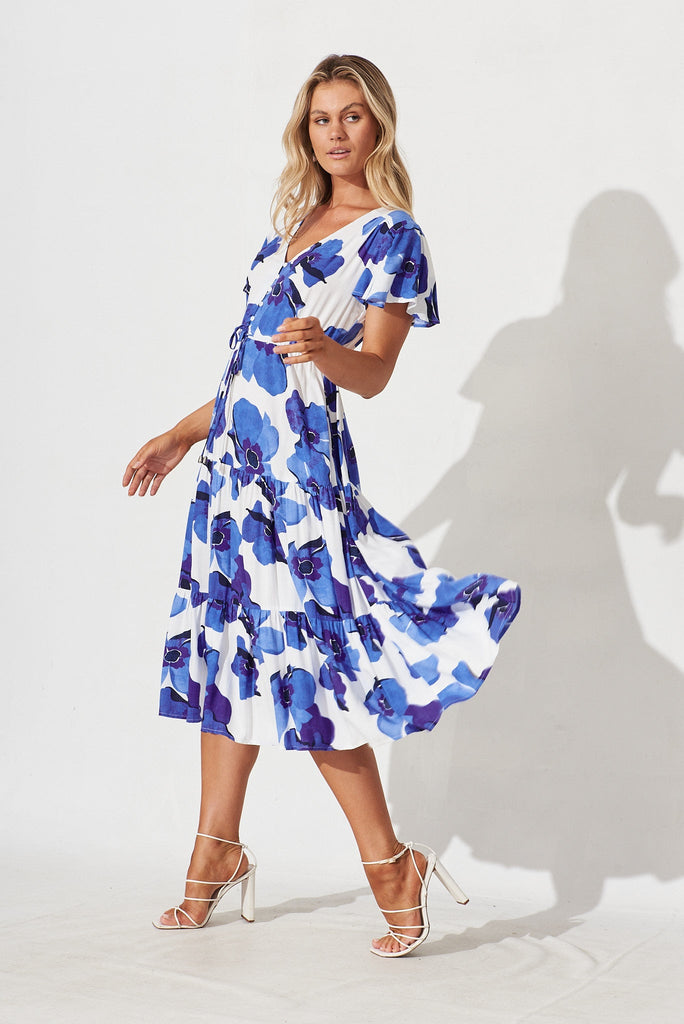 Fonda Midi Dress In White With Blue Floral - side