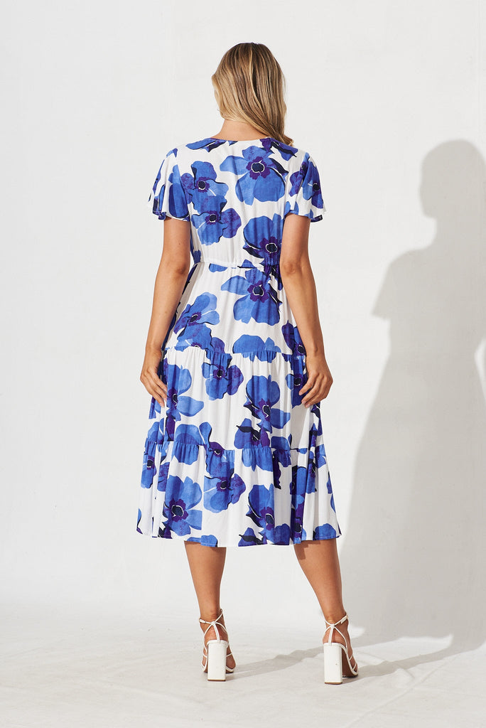 Fonda Midi Dress In White With Blue Floral - back