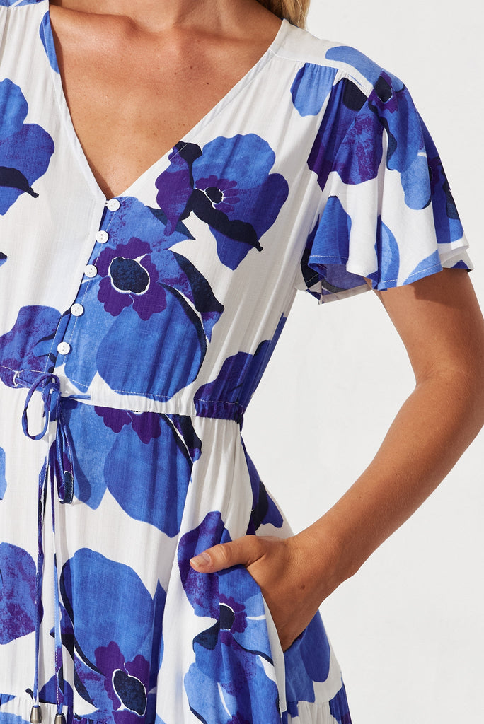 Fonda Midi Dress In White With Blue Floral - detail