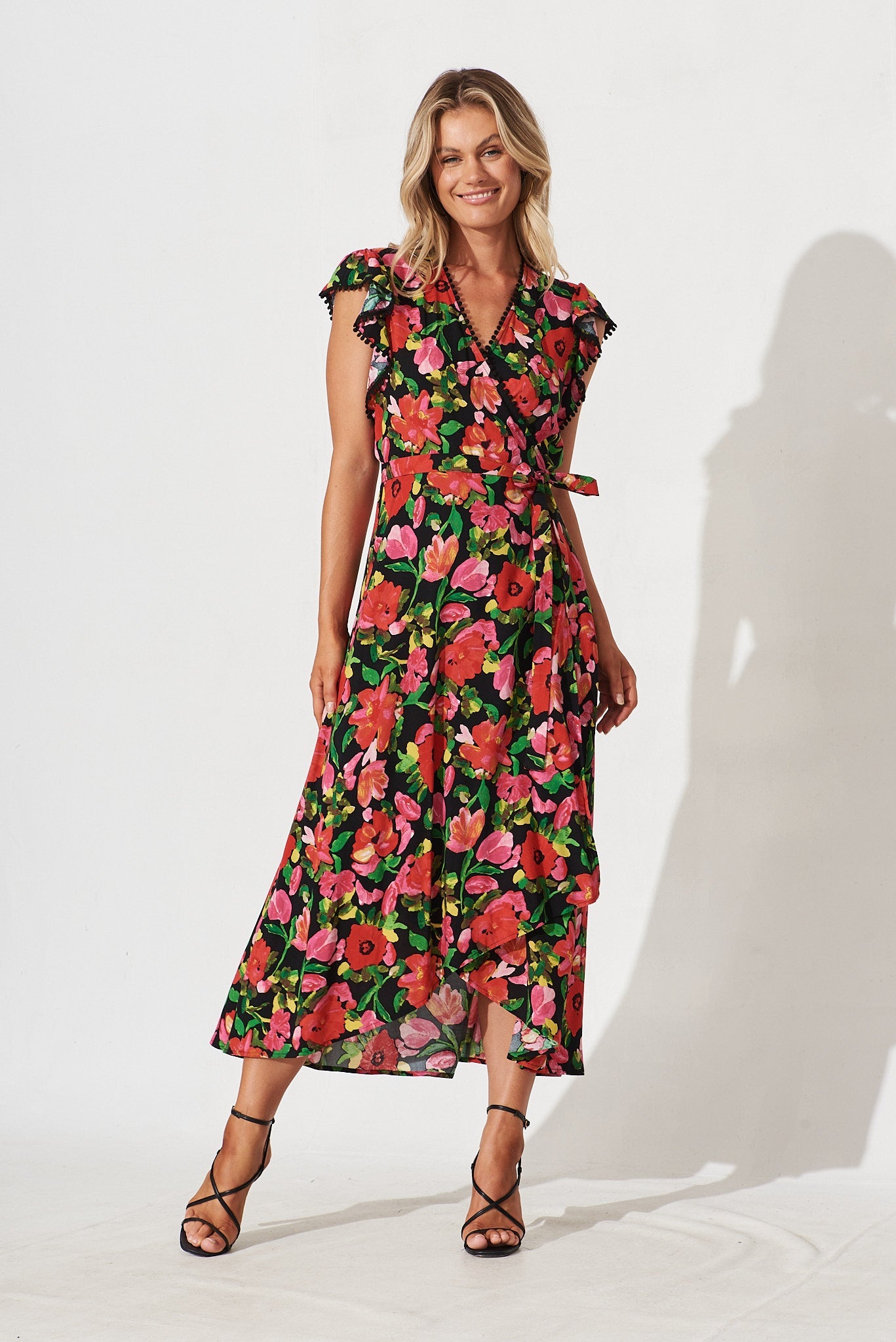 Gamal Midi Wrap Dress In Black With Red Floral - full length