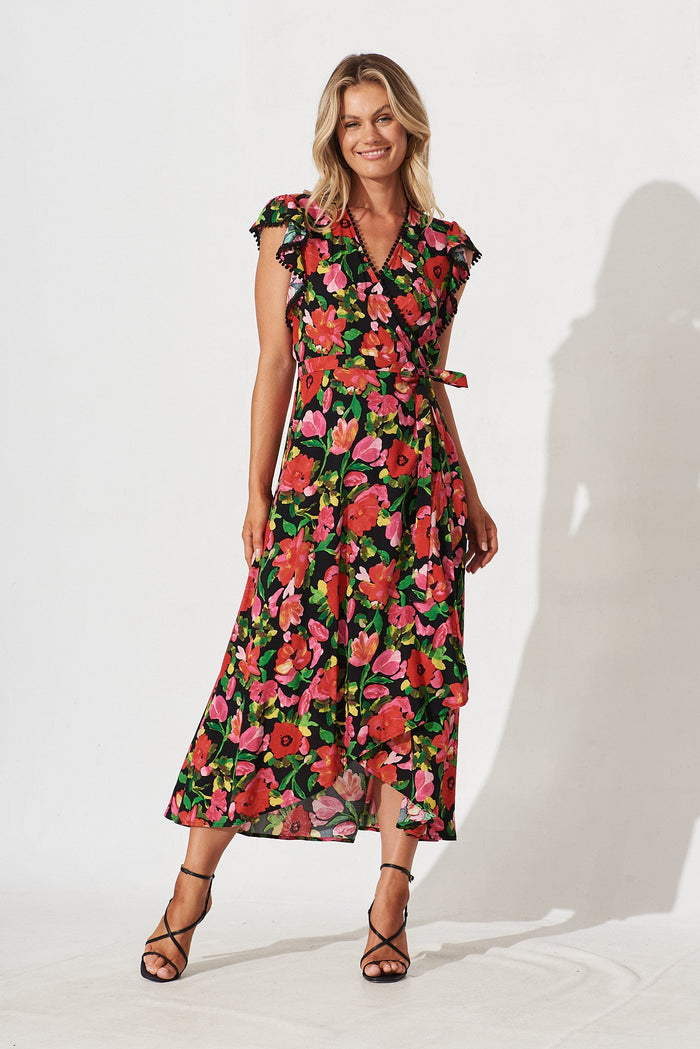 Gamal Midi Wrap Dress In Black With Red Floral - full length