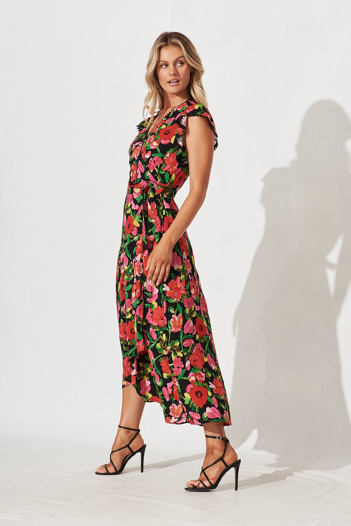 Gamal Midi Wrap Dress In Black With Red Floral - side