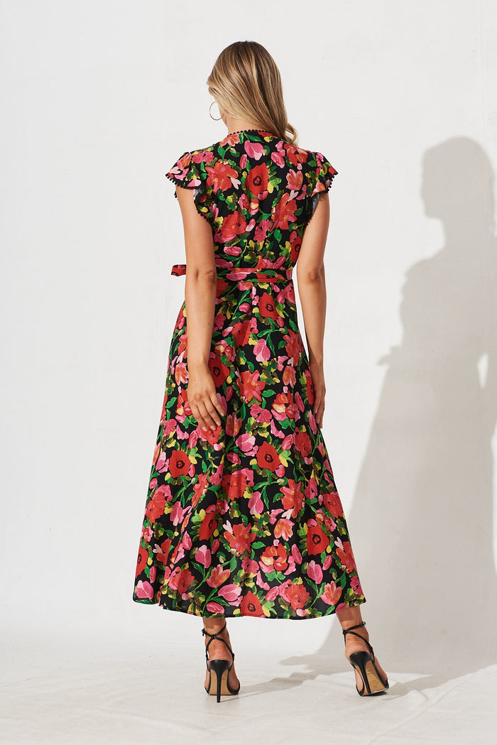 Gamal Midi Wrap Dress In Black With Red Floral - back