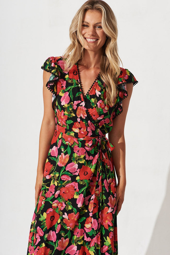 Gamal Midi Wrap Dress In Black With Red Floral - front