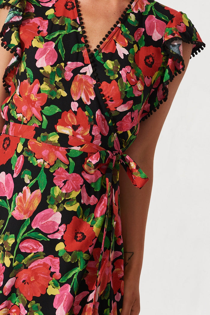 Gamal Midi Wrap Dress In Black With Red Floral - detail