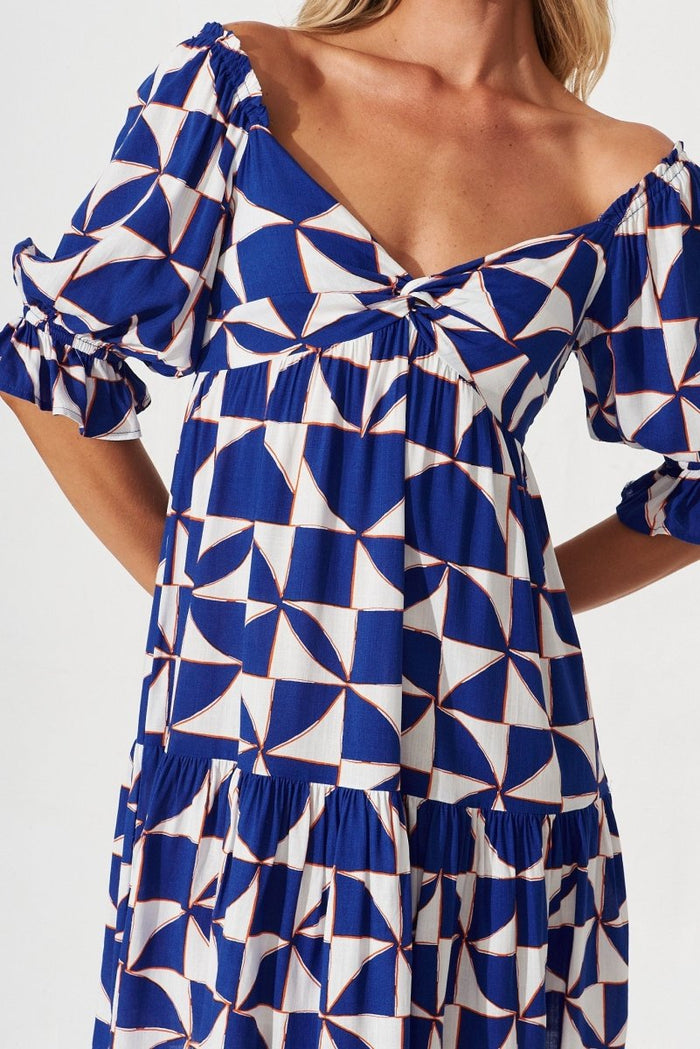 Clifton Dress In Blue Geometric Print - St Frock (Dev)