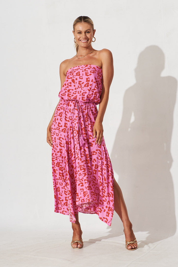 Wild Thoughts Maxi Dress In Pink With Magenta Leopard - full length