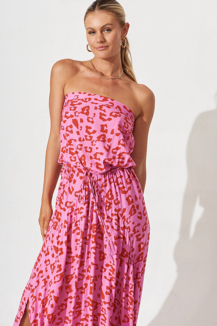 Wild Thoughts Maxi Dress In Pink With Magenta Leopard - front