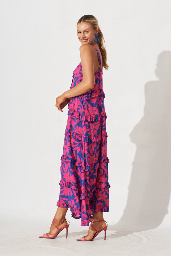 Aiyana Maxi Dress In Blue With Hot Pink Floral - side