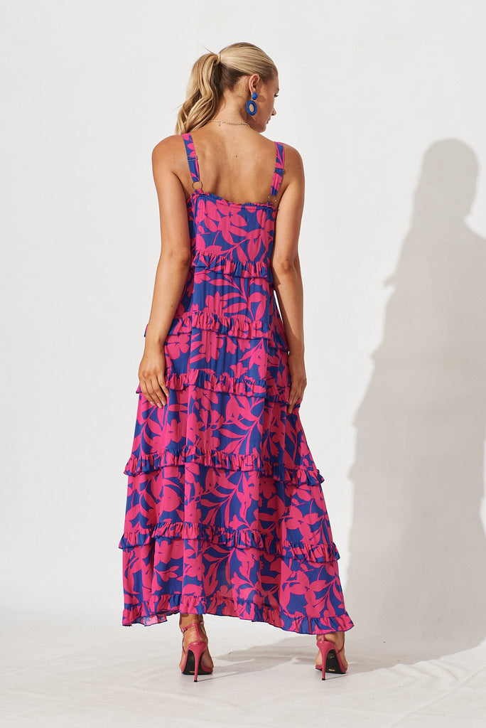 Aiyana Maxi Dress In Blue With Hot Pink Floral - back