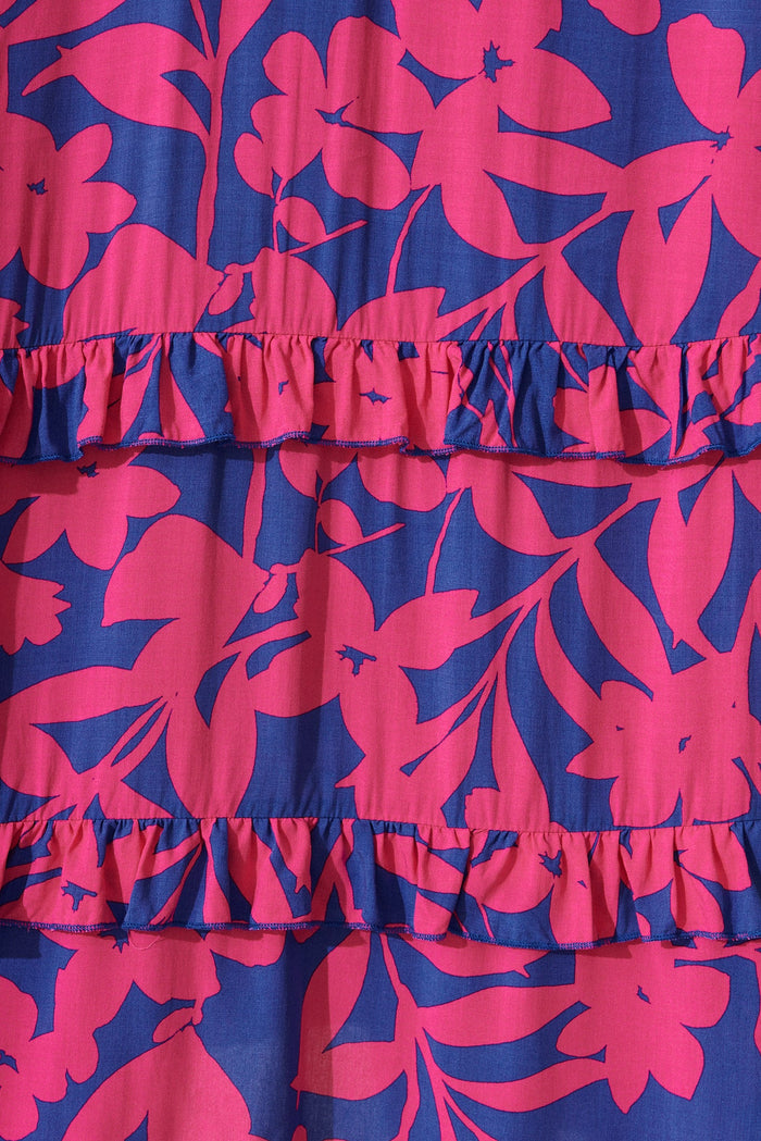 Aiyana Maxi Dress In Blue With Hot Pink Floral - fabric