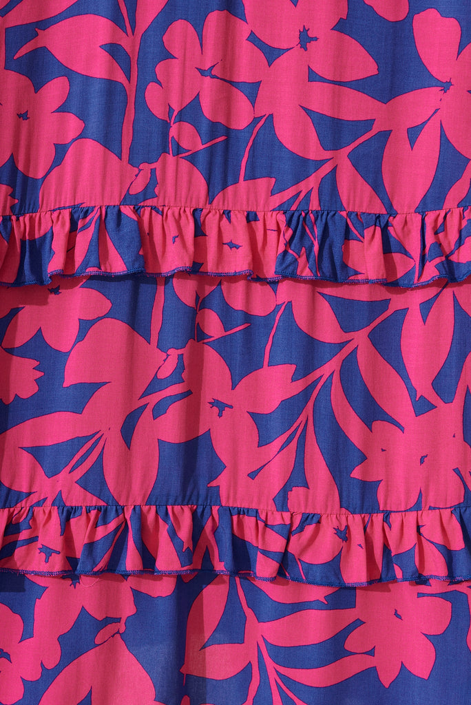 Aiyana Maxi Dress In Blue With Hot Pink Floral - fabric