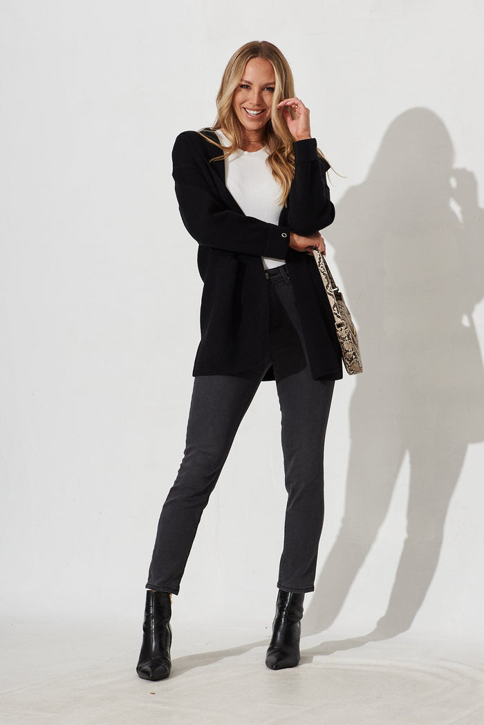 Leagrave Knit Hood Cardigan In Black Wool Blend - full length