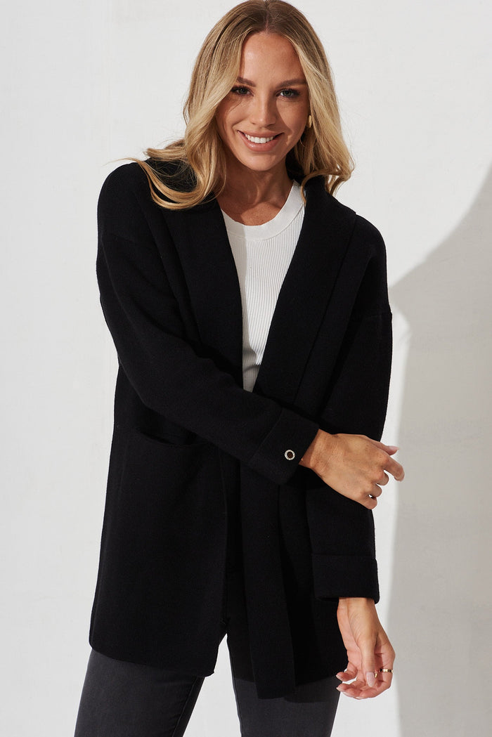 Leagrave Knit Hood Cardigan In Black Wool Blend - front