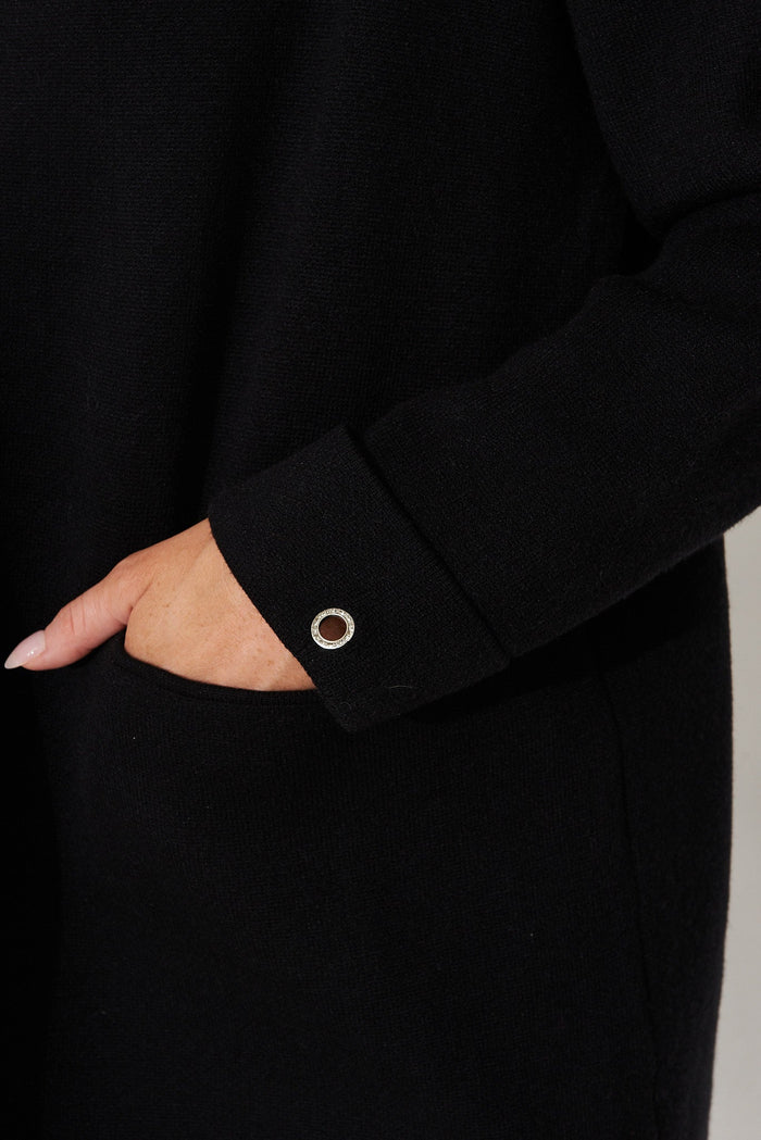 Leagrave Knit Hood Cardigan In Black Wool Blend - detail