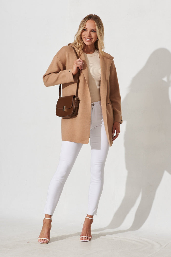 Leagrave Knit Hood Cardigan In Camel Wool Blend - full length