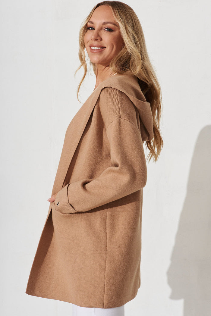 Leagrave Knit Hood Cardigan In Camel Wool Blend - side