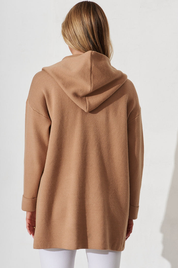 Leagrave Knit Hood Cardigan In Camel Wool Blend - back