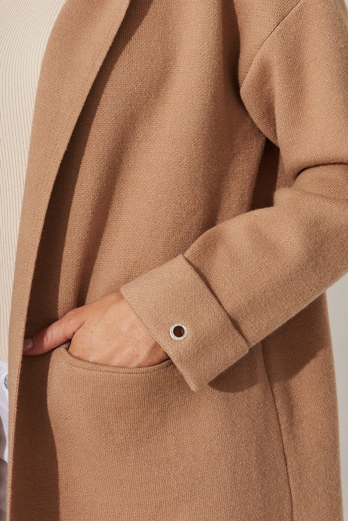 Leagrave Knit Hood Cardigan In Camel Wool Blend - detail