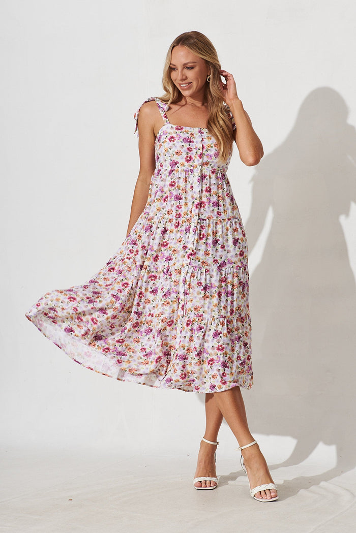 Lorient Midi Dress In White With Purple Floral - full length