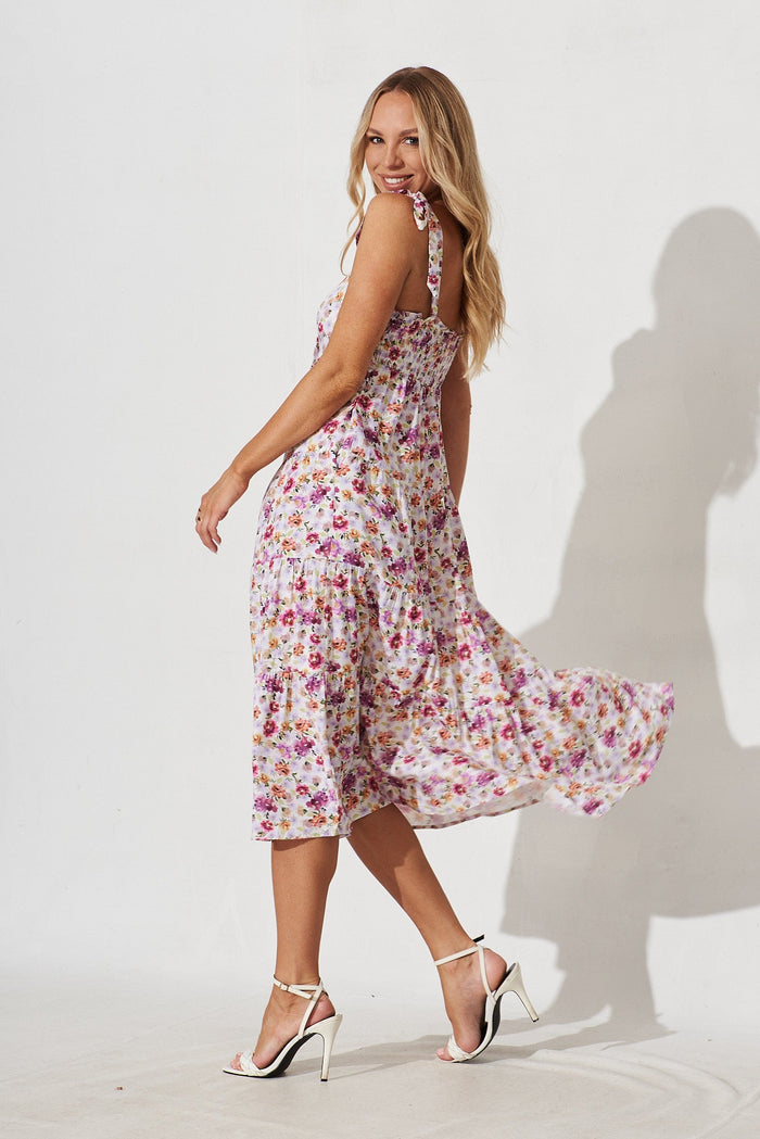 Lorient Midi Dress In White With Purple Floral - side