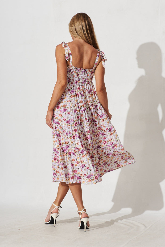 Lorient Midi Dress In White With Purple Floral - back