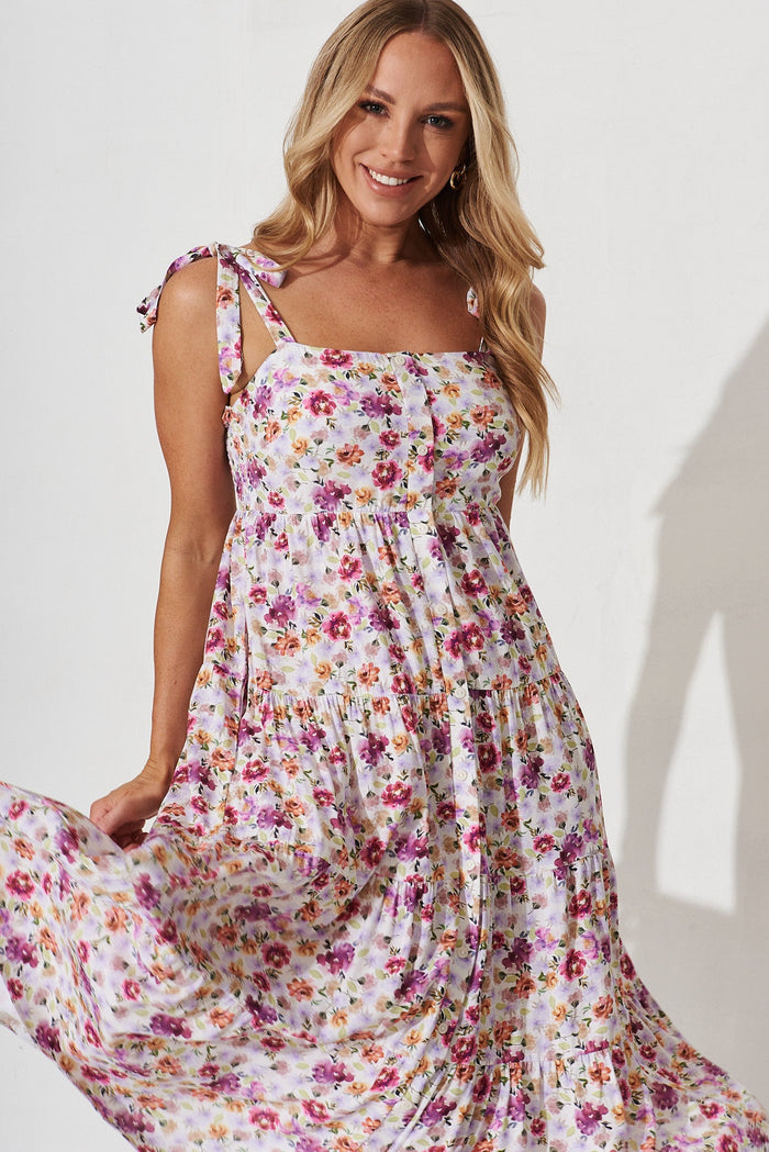 Lorient Midi Dress In White With Purple Floral - front