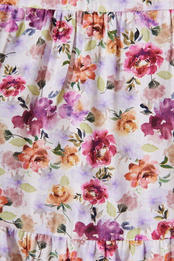 Lorient Midi Dress In White With Purple Floral - fabric