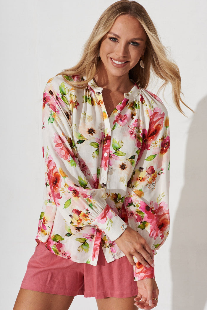 Fiorenza Shirt In White With Red Floral Linen Blend - front