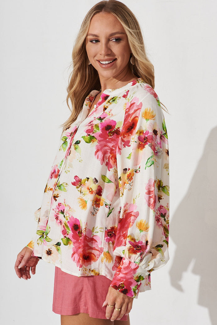 Fiorenza Shirt In White With Red Floral Linen Blend - side