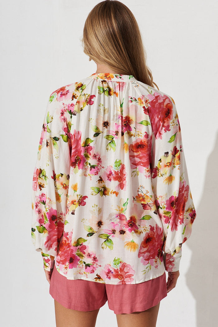 Fiorenza Shirt In White With Red Floral Linen Blend - back