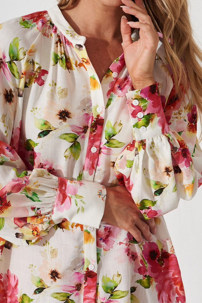 Fiorenza Shirt In White With Red Floral Linen Blend - detail