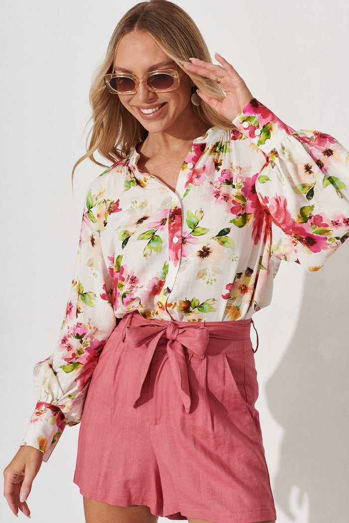 Fiorenza Shirt In White With Red Floral Linen Blend - front