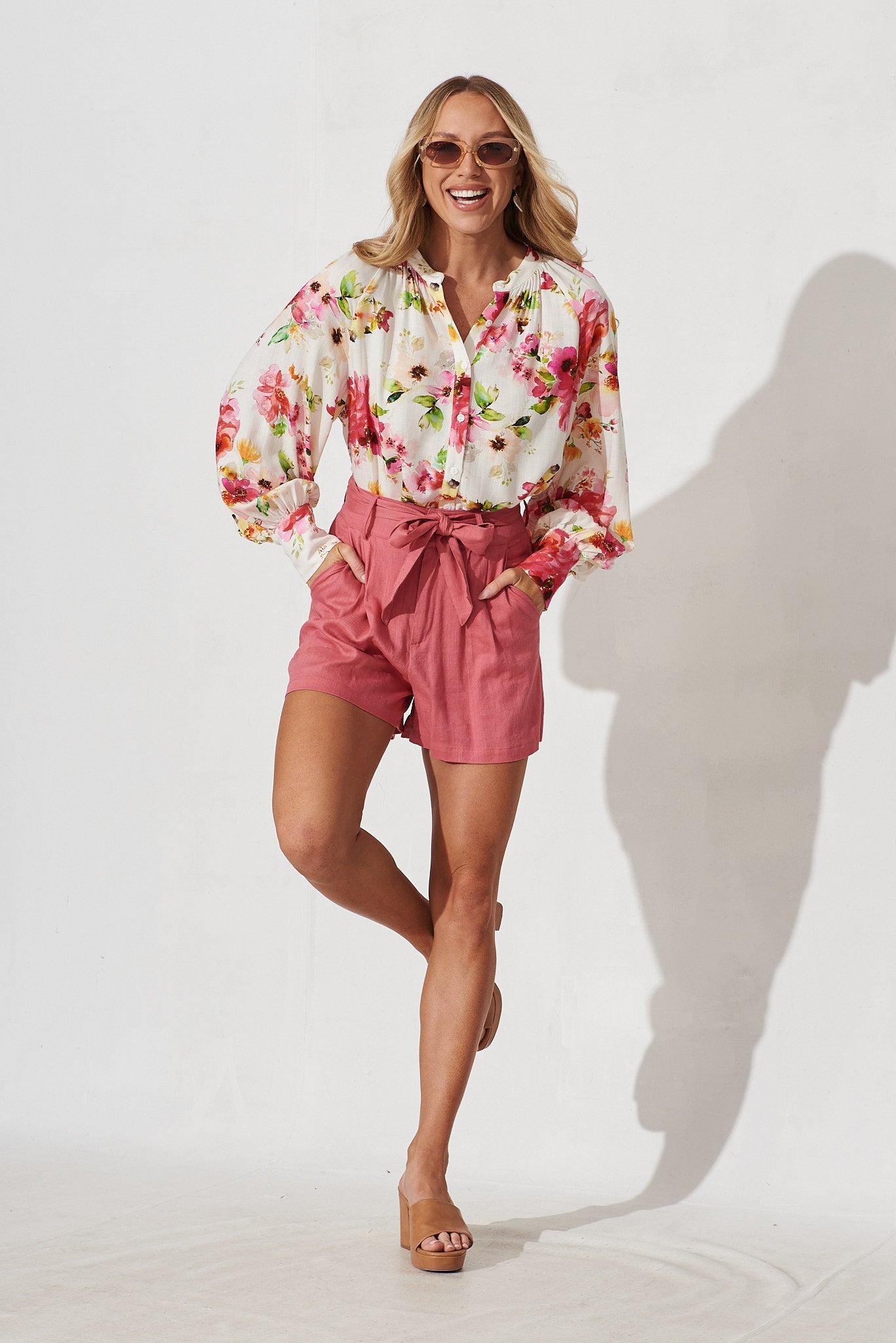 Fiorenza Shirt In White With Red Floral Linen Blend - full length