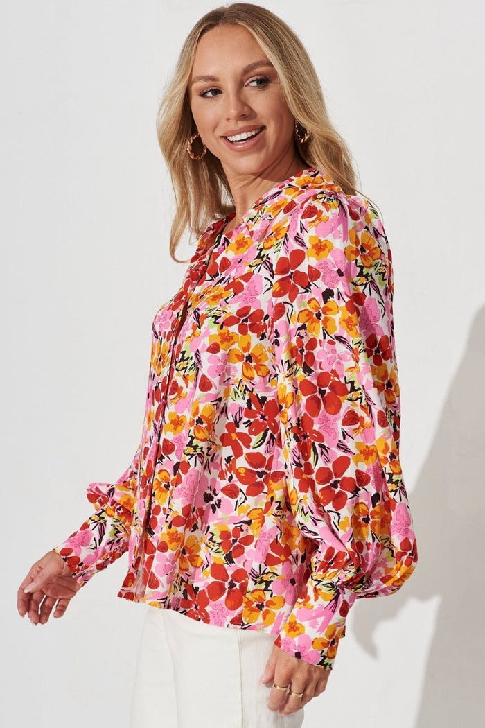 Burnaby Shirt In Red With Pink Floral - St Frock (Dev)