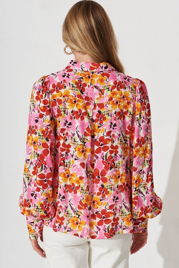 Burnaby Shirt In Red With Pink Floral - St Frock (Dev)