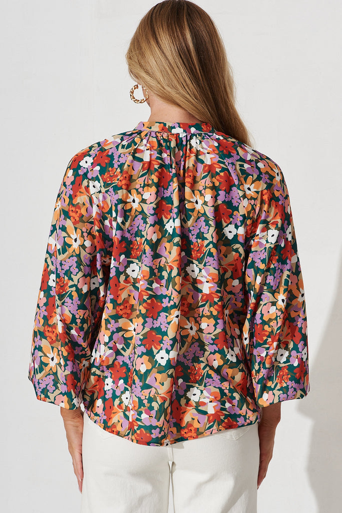 Edmonton Top In Green With Red Floral Linen Blend - back