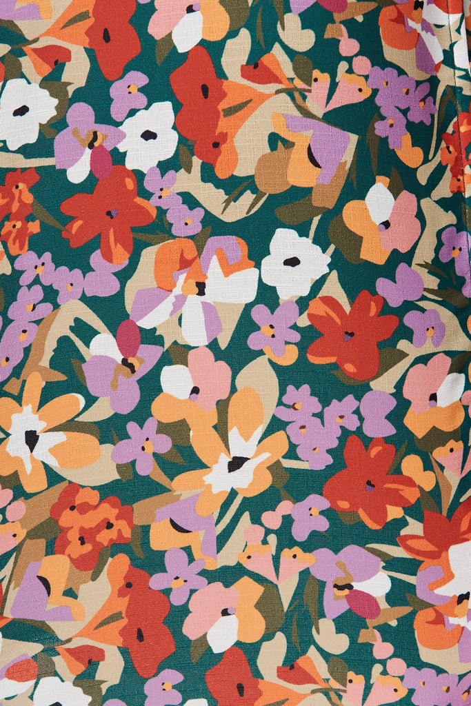 Edmonton Top In Green With Red Floral Linen Blend - fabric