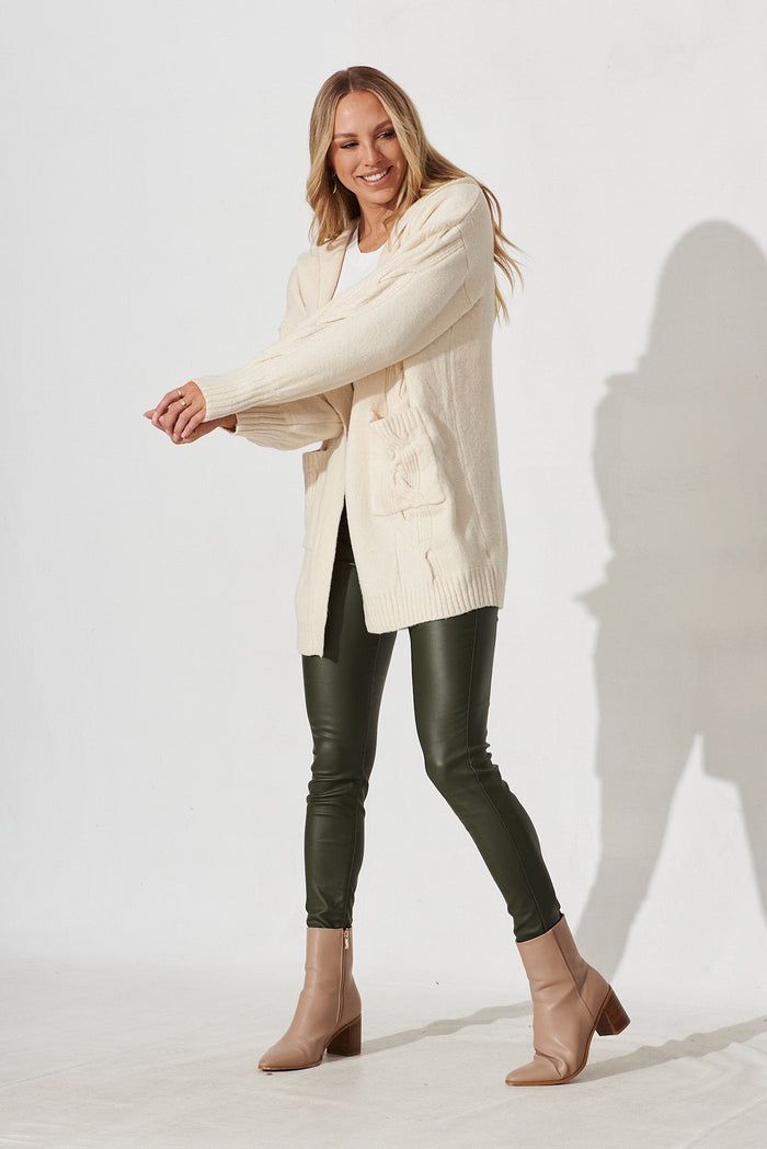 Haida Hood Knit Cardigan In Beige Wool Blend - full length