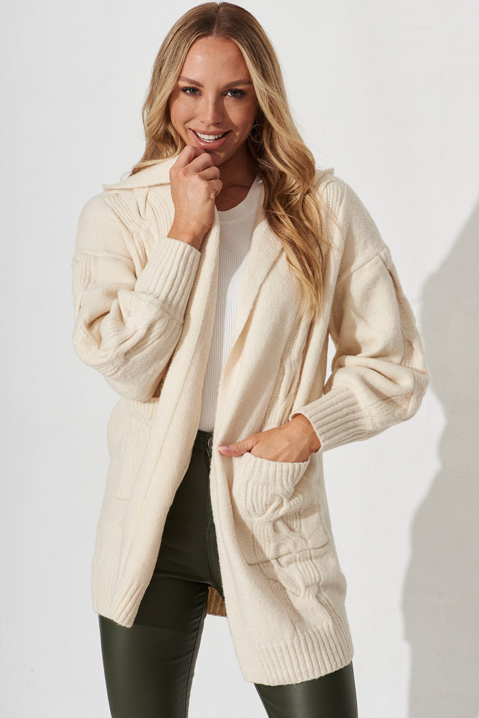 Haida Hood Knit Cardigan In Beige Wool Blend - front