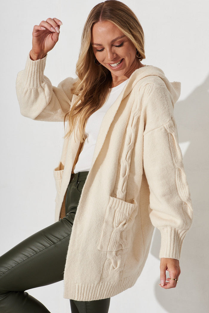 Haida Hood Knit Cardigan In Beige Wool Blend - side