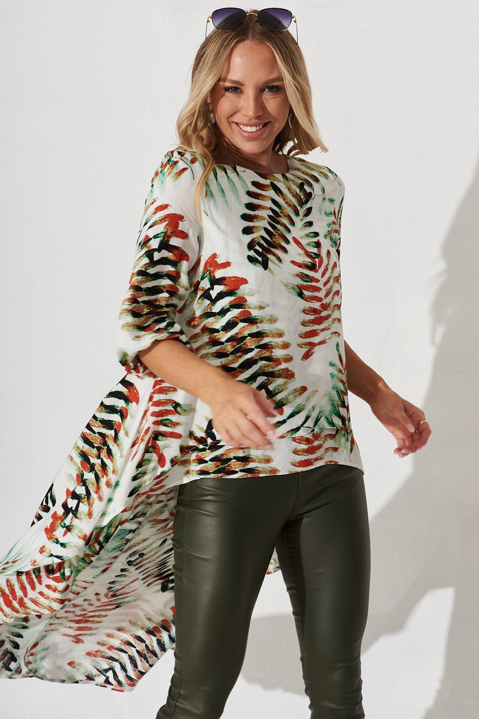 Macey High Low Top In White With Multi Print - front