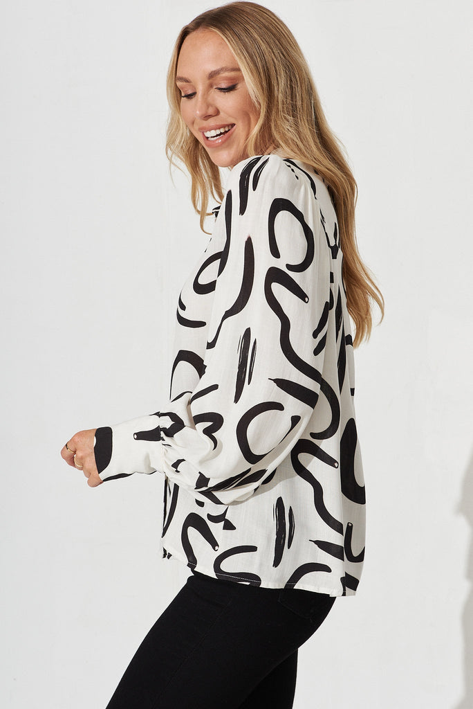 Mackay Shirt In White With Black Print Linen Blend - side