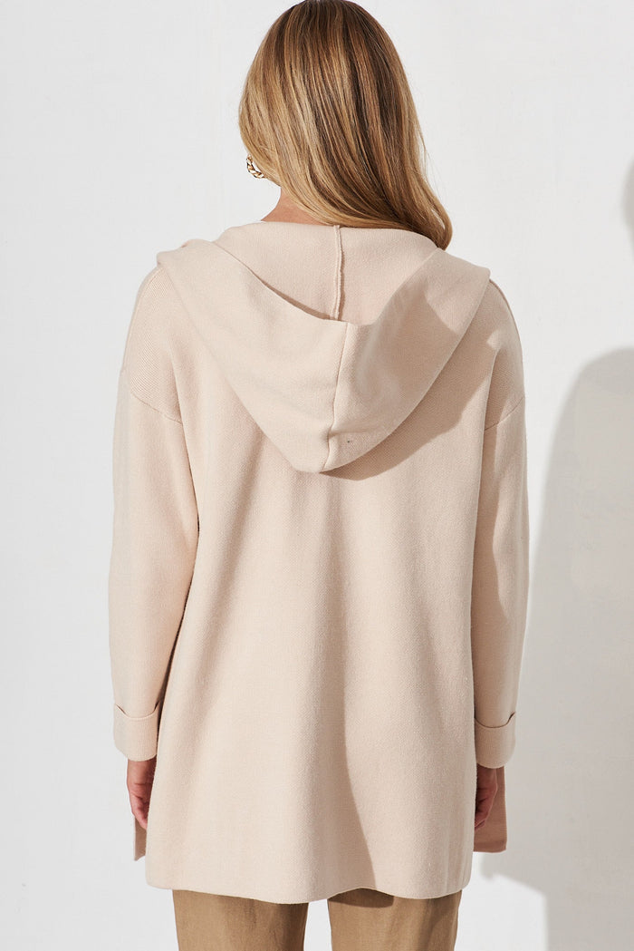 Leagrave Knit Hood Cardigan In Cream Wool Blend - back