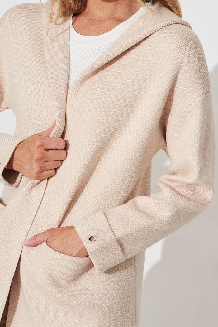 Leagrave Knit Hood Cardigan In Cream Wool Blend - detail