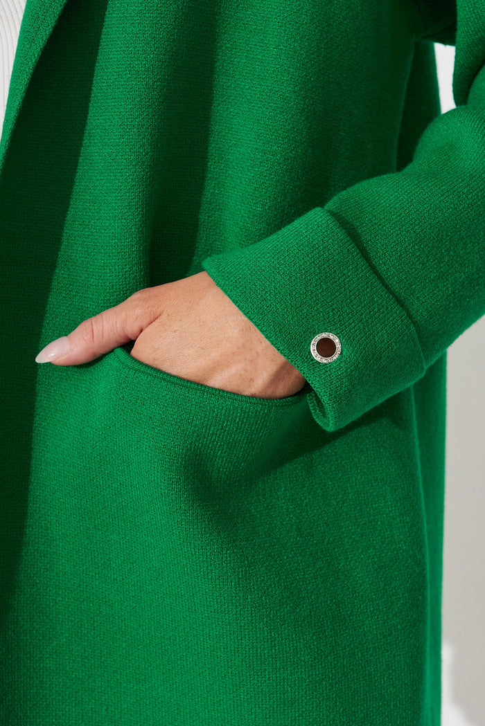 Leagrave Knit Hood Cardigan In Green Wool Blend - detail