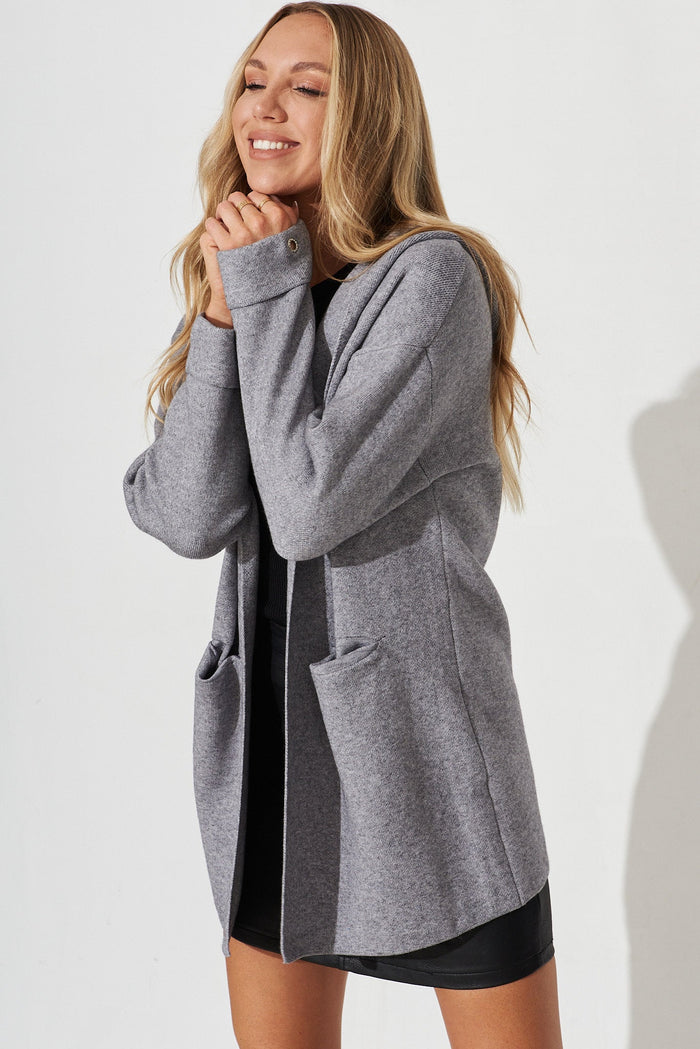 Leagrave Knit Hood Cardigan In Grey Wool Blend - front
