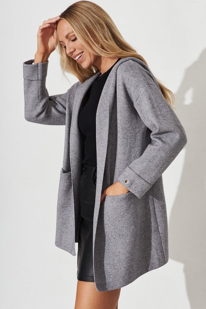Leagrave Knit Hood Cardigan In Grey Wool Blend - side