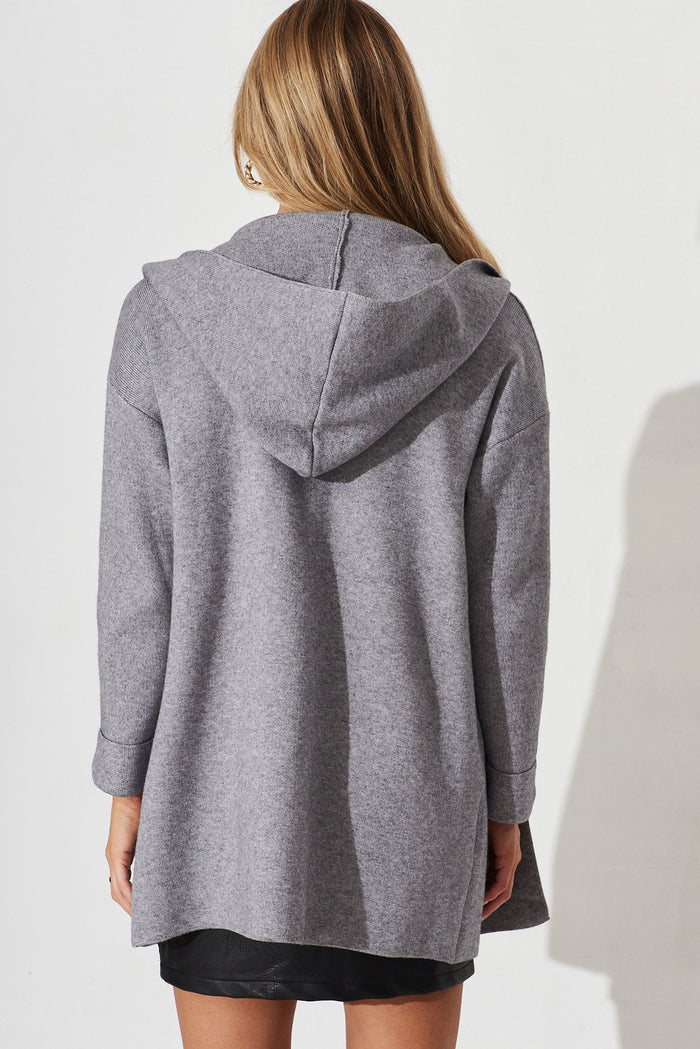 Leagrave Knit Hood Cardigan In Grey Wool Blend - back